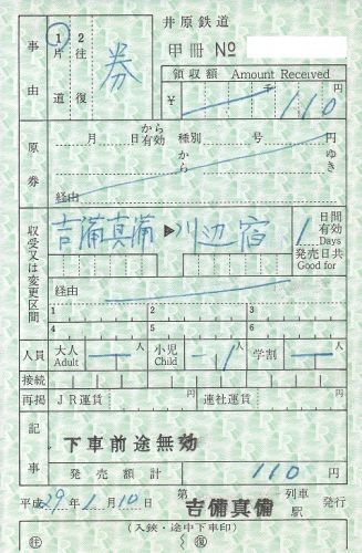 井原鉄道吉備真備駅出札補充券、普通手回り品切符