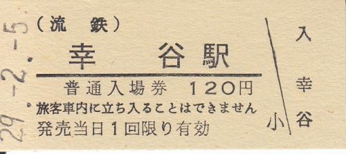 流鉄幸谷駅硬券入場券、硬券乗車券