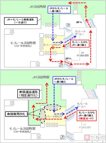 東京モノレールとJR東、浜松町駅の「乗り換え通路」相互通行化 2018年3月から