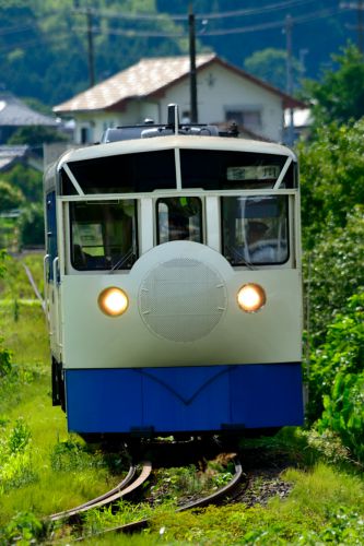 予土線の草生した線路を行く鉄道ホビートレイン「プラレール号」(二名~大内)