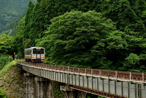 因美線の峠の橋梁を行くキハ120ローカル列車(美作河井~知和)