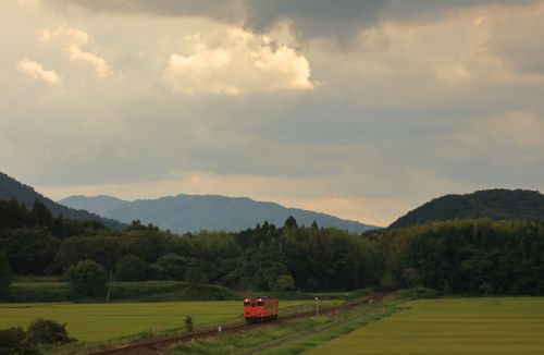 山口線の夕景の光線の中を行くキハ40系ローカル単行列車(徳佐~鍋倉)