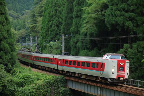 伯備線の夏の峠道を行く381系特急「いずも」とEF64牽引のコンテナ貨物3082レ(足立~新郷)