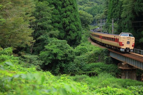 伯備線の県境の峠を行く381系国鉄色の特急「やくも」(足立~新郷間)
