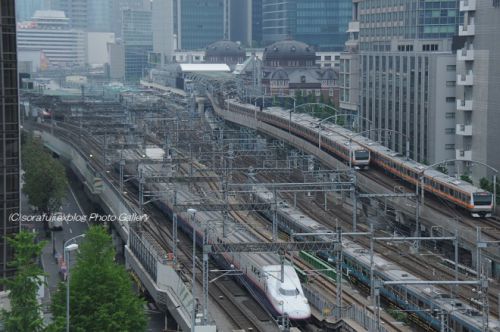都心を駆けるE4系 東京駅をバックに