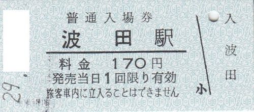 アルピコ交通(松本電鉄上高地線)波田駅硬券入場券、JR連絡乗車券