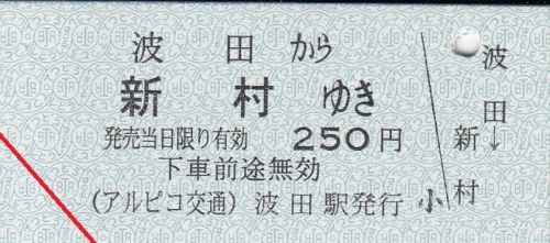 アルピコ交通(松本電鉄上高地線)波田駅線内区間硬券乗車券②