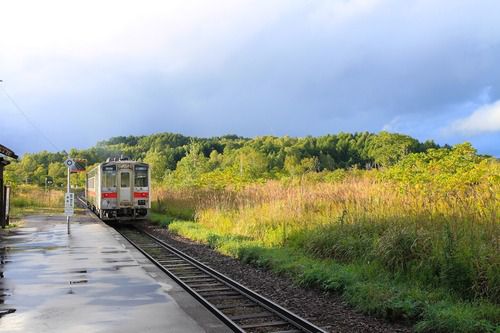 雨の恵比島駅をあとにする普通列車