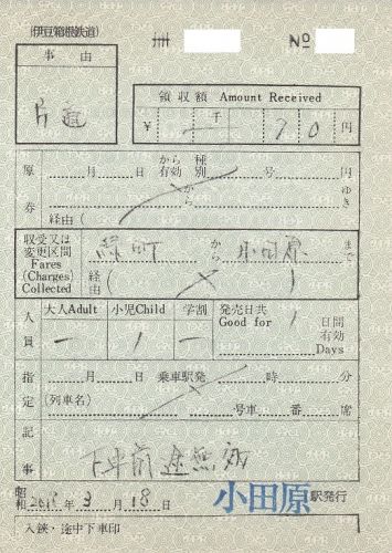 伊豆箱根鉄道大雄山線出札補充券(2018年)
