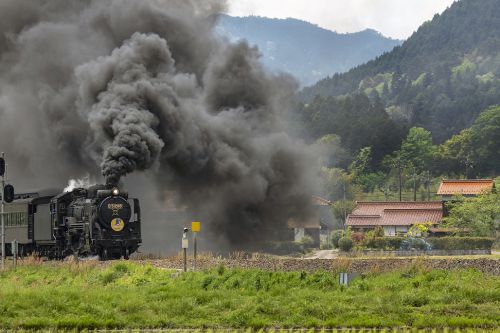 D51が地福駅を発車してゆく(山口線)