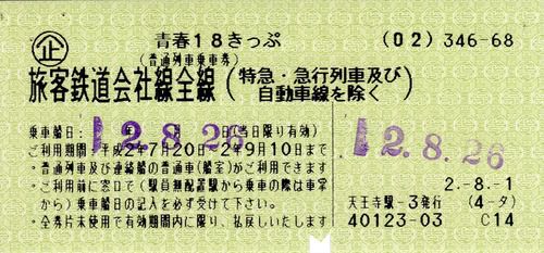 青春18きっぷ(1990年(平成2年)夏)・・・初めて使用した「青春18きっぷ」