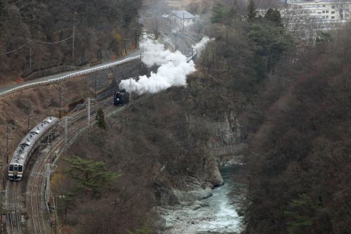 黒い機関車とステンレスの電車が諏訪峡ですれ違った - 2020年晩冬・上越線 -