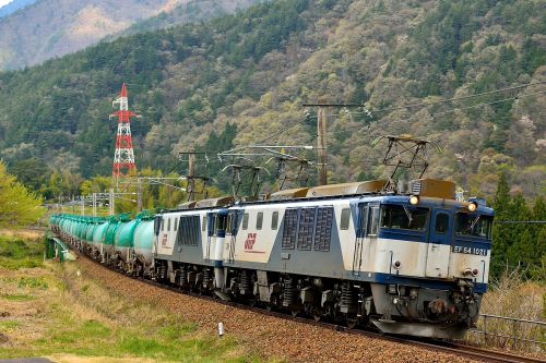中央西線の早春の木曽路を行くEF64重連の石油輸送列車他(須原~大桑)