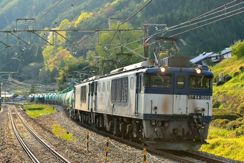 中央西線の新緑香る夕刻を行くEF64重連の石油輸送列車他(田立駅)