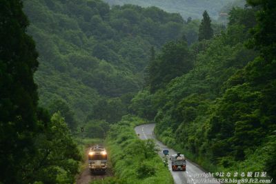 峠道往く列車に行く車