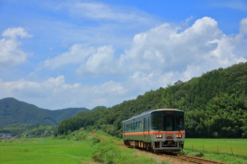 姫新線の盛夏の里山を行くキハ122系単行列車(佐用~播磨徳久)