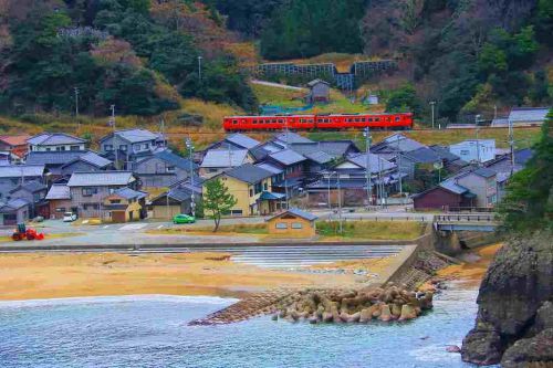 冬の海岸とローカル列車