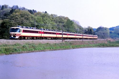 北陸本線の水田風景を行く懐かしの485系パノラマ形特急「雷鳥」とEF81ー44号機牽引の「トワイライトエクスプレス」(細呂木~牛の谷)