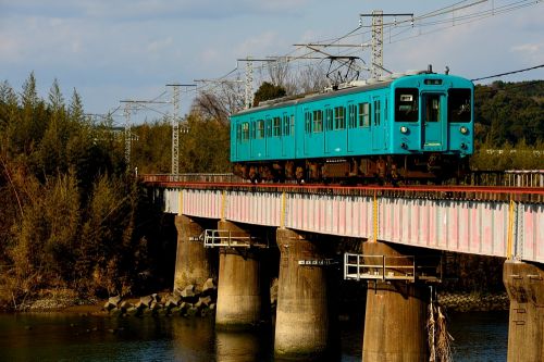 紀勢本線の冬の柔らかい斜光線の中の富田川橋梁を行く１０５系ローカル電車と２８3系特急電車（椿～紀伊富田）