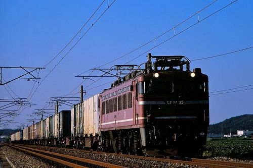 北陸本線の夏のストレート区間を行くEF81ー35号機コンテナ貨物と485系ボンネット特急「しらさぎ」(芦原温泉~丸岡)