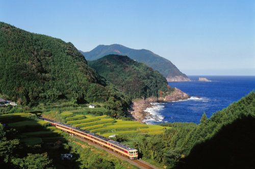 紀勢本線の熊野灘バックの名勝を行くキハ82系特急「南紀号」とキハ58系ローカル列車(波多須~新鹿)