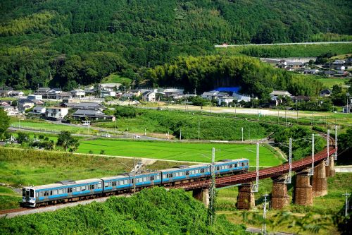 日豊本線の盛夏の風景の中を行く415系ローカル電車(杵築~大神)