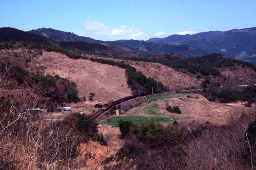 牧場の真ん中を赤い機関車の牽く貨物列車が通る - 土讃本線・1982年 -