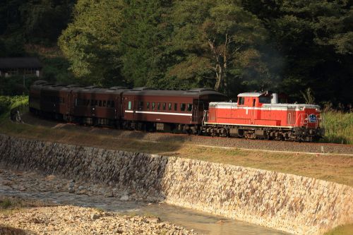 山口線の初秋の白井の里を行くDD51ー1043号機牽引の「DLやまぐち号」とキハ187系特急「スーパーおき」(津和野~船平山)