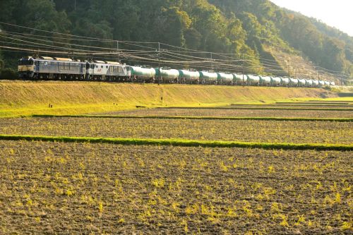 中央西線の晩秋の田園風景を行くEF64重連牽引の石油輸送列車と211系ローカル電車(釜戸~武並)
