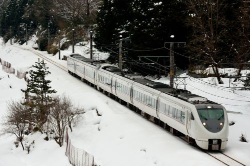 山陰本線の雪景色を往来する289系特急編成と113系ローカル電車(梁瀬~上夜久野)