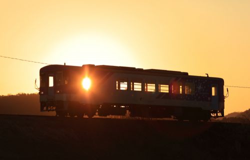 北条鉄道の里山風景を照らす夕陽の中を行くフラワ2000ー2形(網引~田原)