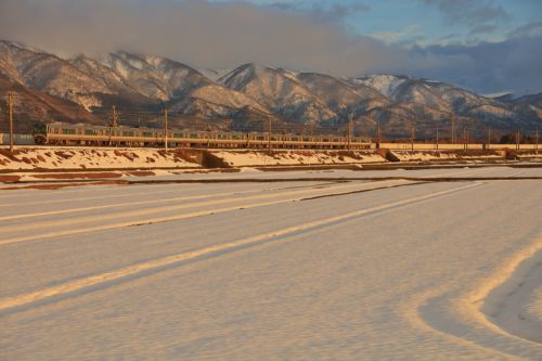 湖西線の湖北地方の雪景色を行く２２３系ローカル電車とＥＦ５１０ー１８号機牽引のコンテナ貨物（マキノ～近江中庄）