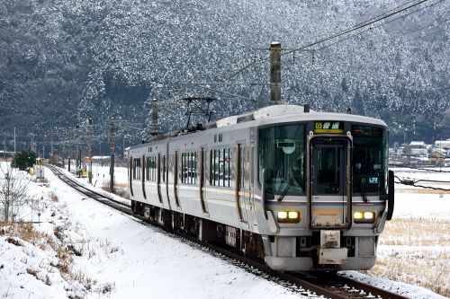 福知山線の雪の花の咲く雪景色を行く223系ローカル電車と289系特急「こうのとり号」(黒井~石生)