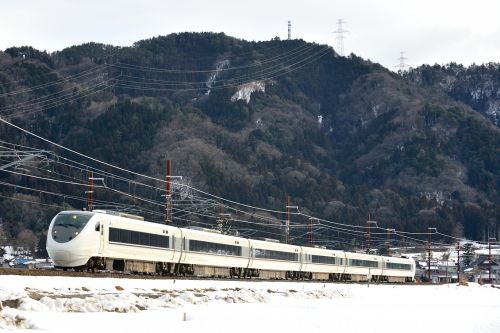 北陸本線の雪の余呉カーブを通過する681系特急「しらさぎ」号と521系ローカル電車(余呉~木之本)