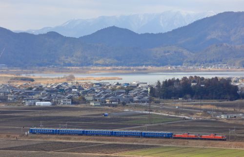 東海道本線の春まだ早い琵琶湖路を行くDD51重連の米原訓練と221系電車(安土~能登川)